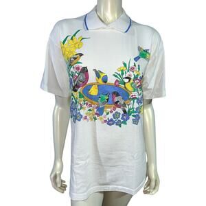 Vintage American Weekend Bird Bath Garden Polo Shirt White Floral Medium USA